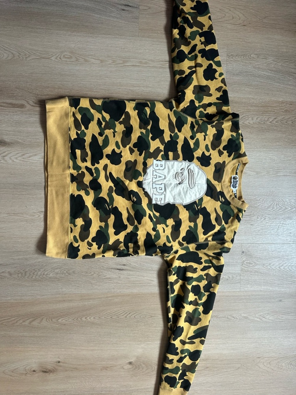 Bape men’s Yellow & Green Camo Crewneck with White Logo Patch